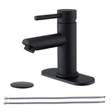KPW Bathroom Faucets Stainless Steel Single Handle Matte Black Faucet Deck Mount 1 or 3 Hole with Deck and Pop-up Drain Water Supply Hoses