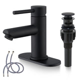 KPW Bathroom Faucets Stainless Steel Single Handle Matte Black Faucet Deck Mount 1 or 3 Hole with Deck and Pop-up Drain Water Supply Hoses