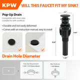 KPW Bathroom Faucets Stainless Steel Single Handle Matte Black Faucet Deck Mount 1 or 3 Hole with Deck and Pop-up Drain Water Supply Hoses