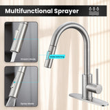 KPW Kitchen Sink Faucet with Sprayer Brushed Nickel Pull Down Kitchen Faucet High Arc Single Handle Stainless Steel 1 or 3 Hole, Kitchen Sink Faucets for Farmhouse Campervan Laundry RV